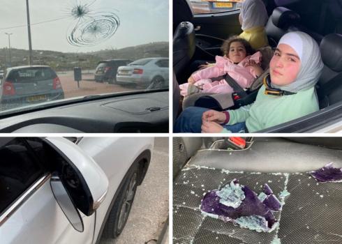 למעלה: זינה, הודא ויאסמין ג'עאפרה במכונית, והשמשה המנופצת.  למטה: שברי זכוכית על מושב המכונית ומראת הצד ששברו המתנחלים. התמונות באדיבות המשפחה. 