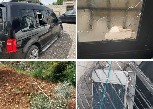 למעלה: חלון מנופץ בבית משפחת נופל ומכוניתו של ריזק נוופל לאחר ההתקפה. למטה: המזגן שהשחיתו המתנחלים במכולת של סאהר סאלחייה ואחד העצים שכרתו באדמתו של עזמי סמחאן. התמונות באדיבות תושבי הכפר