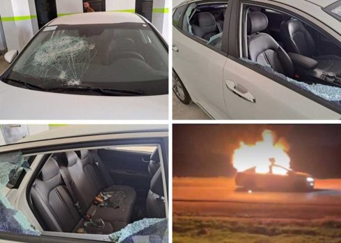 ’Ammar’s car after the attack (Photo by Iyad Hadad, B’Tselem) and the taxicab ablaze (photo by one of the drivers)