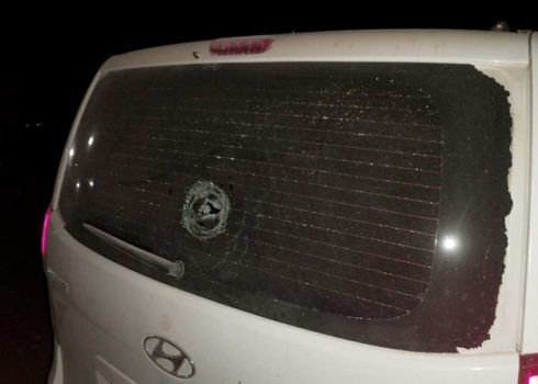 The shattered rear window of the car. Photo courtesy of the passengers.