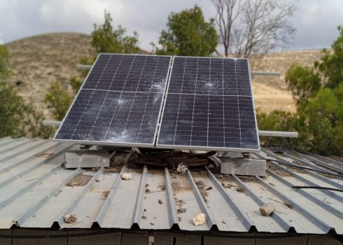 Solar panels vandalized by settlers in a home in Khirbet a-Radhem. Photo courtesy of community residents, 16 Oct. 2023 
