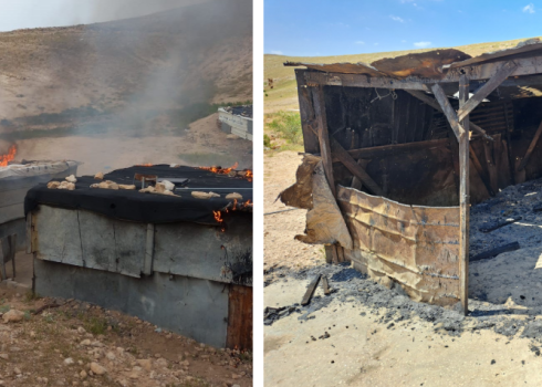 Sheds torched by settlers in Ras ‘Ein al-‘Auja. Photos by ‘Aref Daraghmeh, B'Tselem