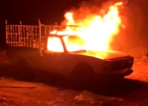 Jabarin’s pickup truck in flames. Photo courtesy of Jabarin