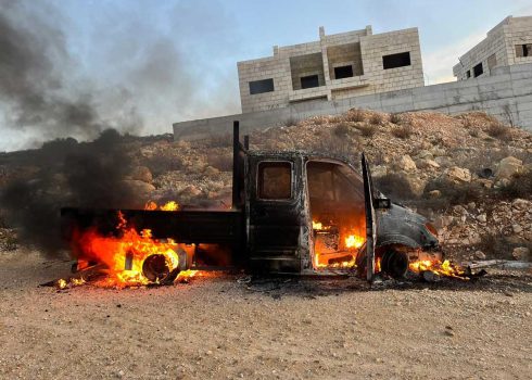A truck torched by settlers in the town of Silwad. Photo courtesy of town residents.
