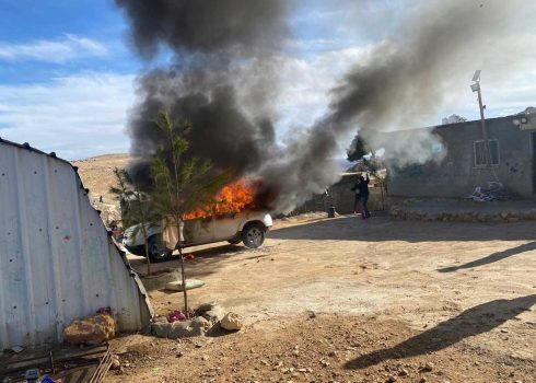 A car belonging to a resident of Kh. a-Tuba after being torched by settlers, 25 January 2025. Photo courtesy of local residents