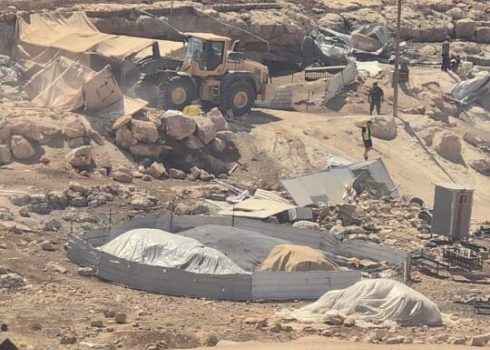 Demolition of tents in Khirbet a-Twayel. Photo courtesy of the residents