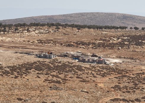 The outpost established by settlers on the compound from which the Yunes family was expelled in 2023. Photo: Mohammad Romaneh, B’Tselem 