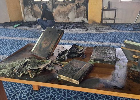 Quran books that settlers burned in the mosque. Photo: Abdulkarim Sadi, B’Tselem