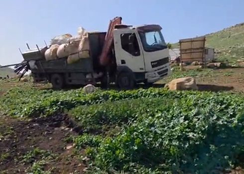 A truck loaded with belongings of al-Burj community residents ahead of leaving, 17 February 2026. Still from video footage, courtesy of local residents