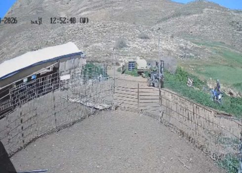 مستوطنون على تراكتور صغير ودراجة نارية داخل مجمّع سكني يقوم سكانه بمغادرته تدريجيًا، خربة يرزة، 8.3.26. من فيديو توثيقي سجلته كاميرا مراقبة، قدمه السكان مشكورين 