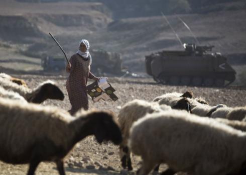 A shepherdess and armored personnel carriers in the pastureland of Jordan Valley residents. Photo by Keren Manor, Activestills, 8 Dec. 2016