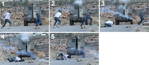Photographs of the firing directly at Tamimi, by Haim Scwarczenberg, 9 Dec. '11.
