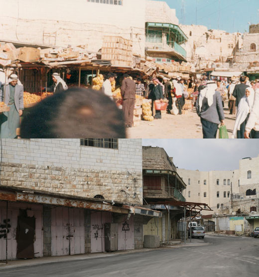 שוק הפירות בחברון. למעלה: בשנות התשעים, למטה: בשנת 2007. צילומים: נאאיף השלמון, מרכז אל-וטן וקרן מנור, אקטיבסטילס. מקור: אתר בצלם