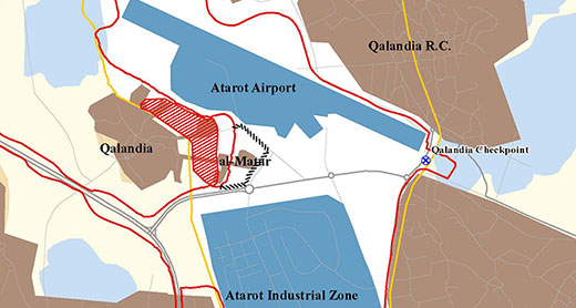 A map of the Qalandia area. The area where the municipality demolished homes is marked red. Click to enlarge. A map of the Qalandia area. The area where the municipality demolished homes is marked red. Click to enlarge.
