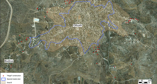 Aerial photograph of Qibyah, marked with borders of 2007 master plan, “illegal” construction and Area B borders. Aerial photograph of Qibyah, marked with borders of 2007 master plan, “illegal” construction and Area B borders.