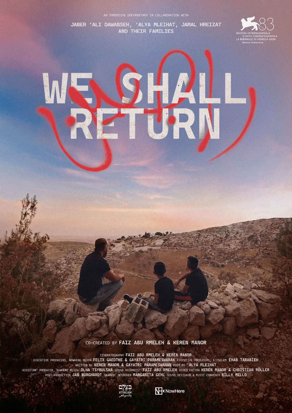 We Shall Return film poster — a father and two children sit on a stone wall overlooking the hills at dusk, with the Arabic word راجعين sprayed in red across the sky